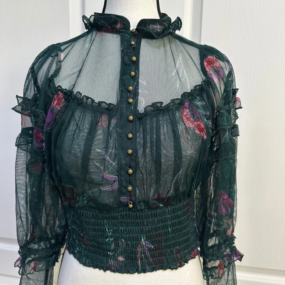 Free People Green Floral Sheer Mesh Smocked Blouse S Whimsigoth Victorian Fairy